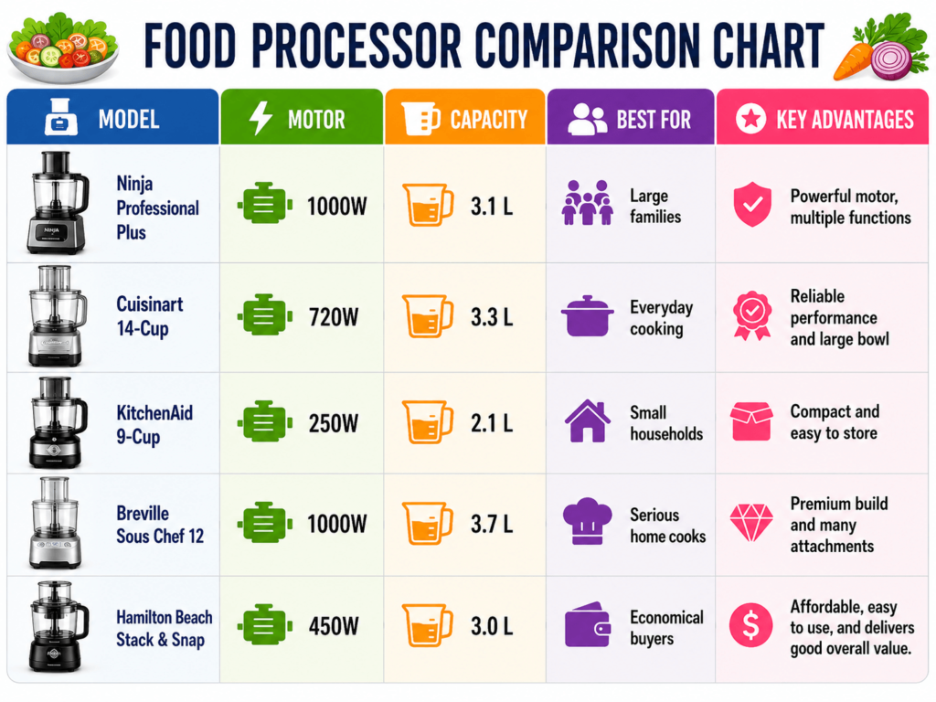 The following table compares several well-known food processors to help you understand the differences in features and intended use.