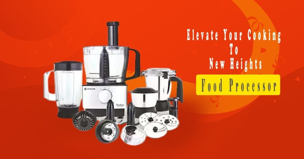 A white and black food processor set displayed against a bright orange background alongside various attachment jars, cutting blades, and grinding accessories. White text reads "Elevate Your Cooking To New Heights" next to a yellow banner with "Food Processor."
