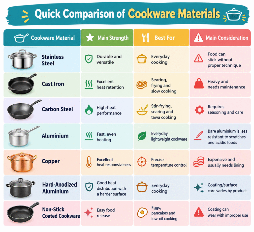 Quick Comparison of Cookware Materials