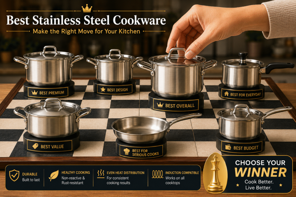 Best stainless steel cookware sets comparison featuring premium, value, budget, and everyday cooking options