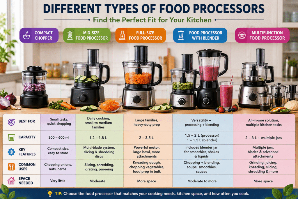 Different types of food processors compared by size, capacity, features, common uses, and kitchen space requirements