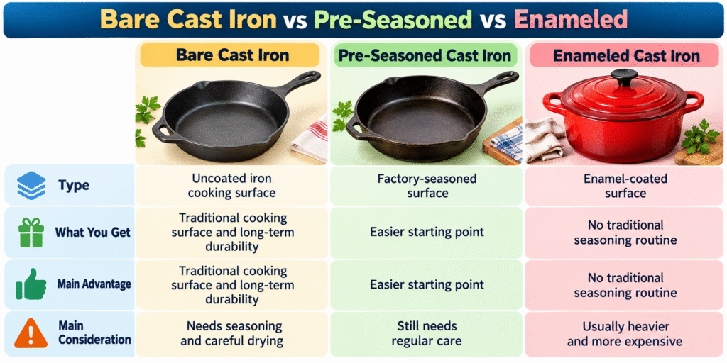 Bare Cast Iron vs Pre-Seasoned vs Enameled