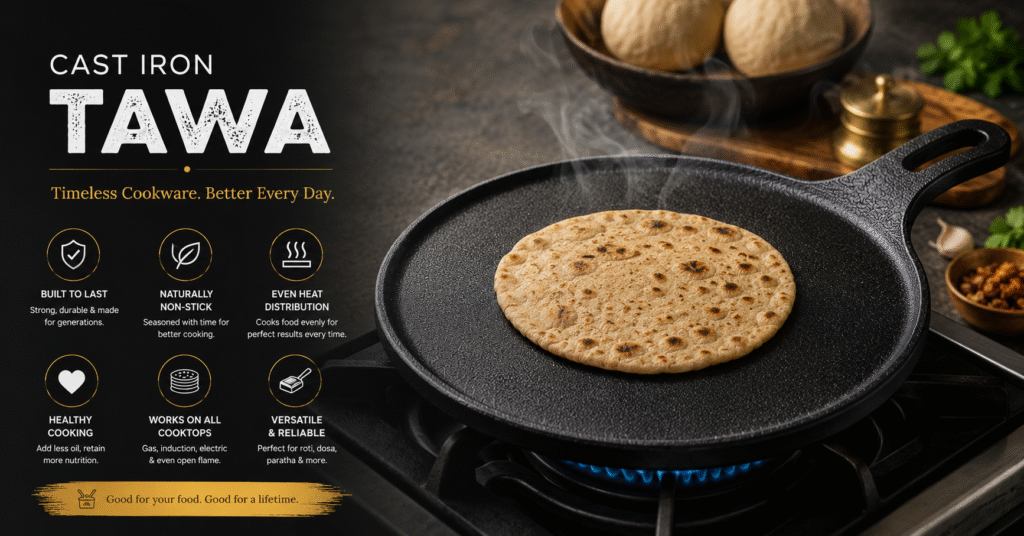 Promotional image for a cast iron tawa cookware pan on a gas stove, cooking a steaming flatbread. The left side highlights product features including durability, natural non-stick seasoning, even heat distribution, healthy cooking, compatibility with all cooktops, and versatile use for roti, dosa, and paratha. Dough balls and cooking ingredients appear blurred in the background.